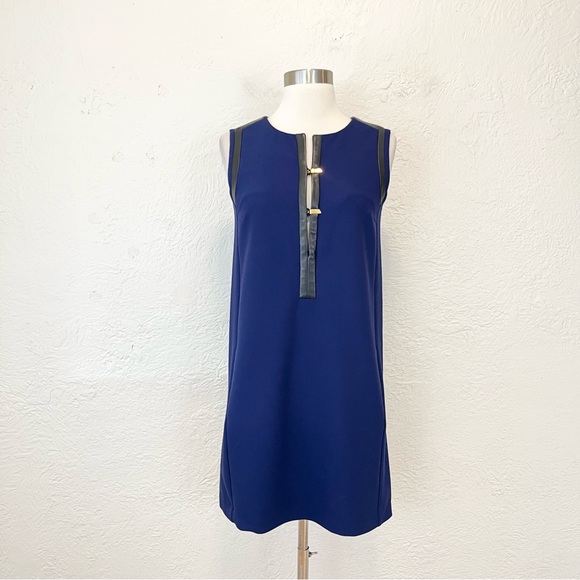 Maje Dress Navy Blue Black Leather Shift Pockets 1 Small S